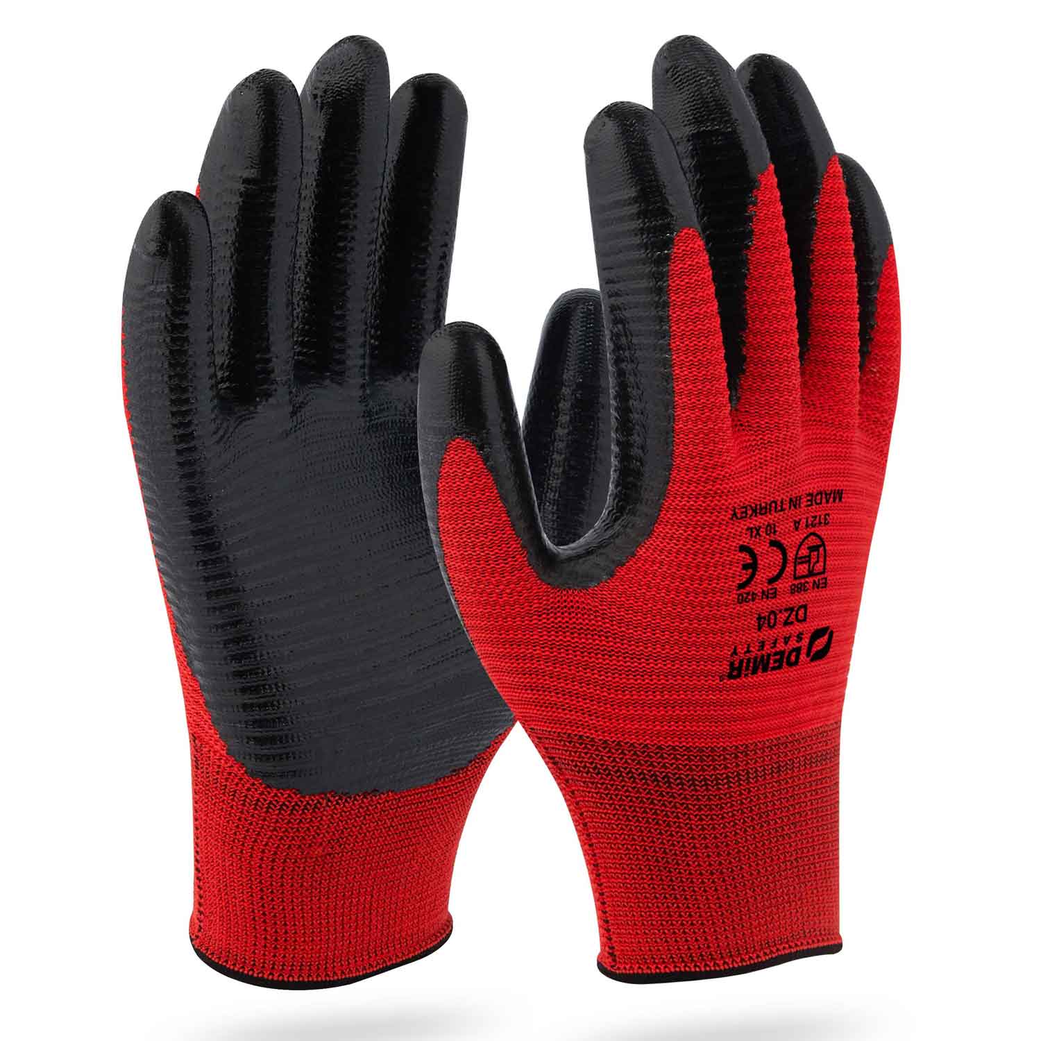 Arbeitshandschuhe Zebra Rot/Schwarz - Rutschfeste Grifffläche für sicheren Halt 12 er Packung